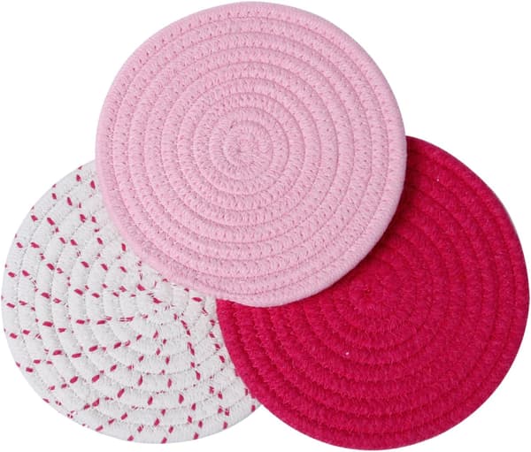 Rosa 3-delt sett: 100 % bomullssnorflettet gryteunderlagsett, 7\" diameter
