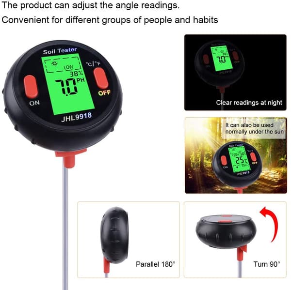 5 i 1 Digital Jord pH-måler Hygrometer med Baggrundsbelyst LCD-skærm