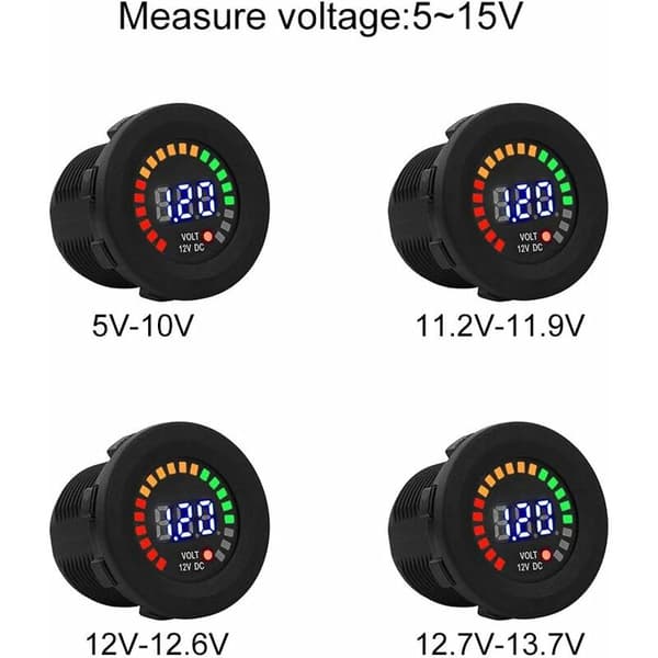 12V Digital Voltmeter med LED-display Vattentät DC Voltmeter Digital Rund Panel för Båt Fordon Motorcykel Lastbil ATV UTV Husvagn