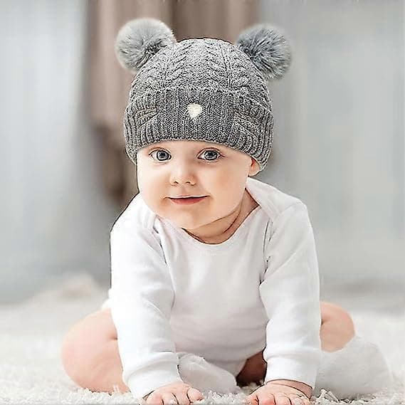Stickad Katt-Vinterbollmössa för Småbarn, Beanie, Broderad, Varm, Bomullsull, Barnmössa