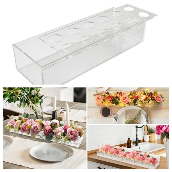12-hullers rektangulær akryl blomstervase, 30x10x6cm, skrivebordsdekoration