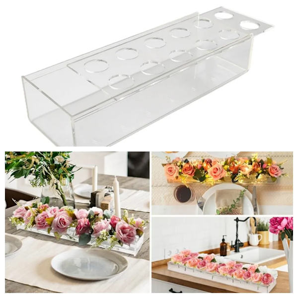 12-hulls rektangulær akrylblomstervase, 30x10x6cm, skrivebordsdekorasjon