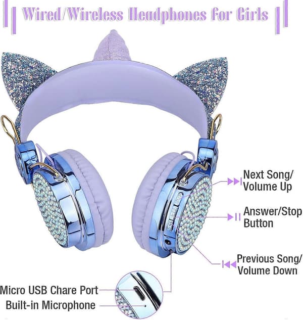 Bluetooth hovedtelefoner til børn, trådløse og kablede OverEar Unicorn med mikrofon, glitrende Rhinestone blå til piger