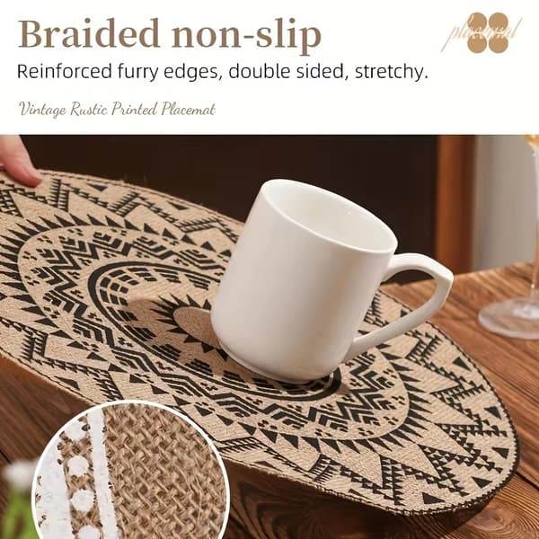 Runde trykte jute-brikker, bohemstil 6PC