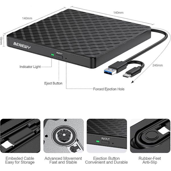 Extern CD DVD-enhet för bärbar dator, USB 3.0 CD-enhet för PC Windows 11/10/8.1/7, USB C DVD-brännare för Windows Linux Mac
