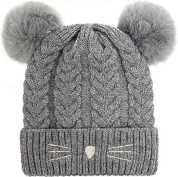 Stickad Katt-Vinterbollmössa för Småbarn, Beanie, Broderad, Varm, Bomullsull, Barnmössa