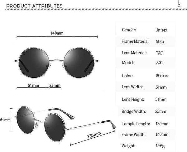Solglasögon i John Lennon-stil för unisex runda polariserade linser size:Black Lens-silver Frame