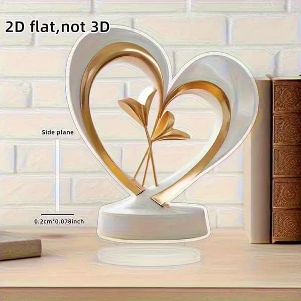 2D flat akryl ornament, elegant hjerteformet design med gullaksenter. 1pc
