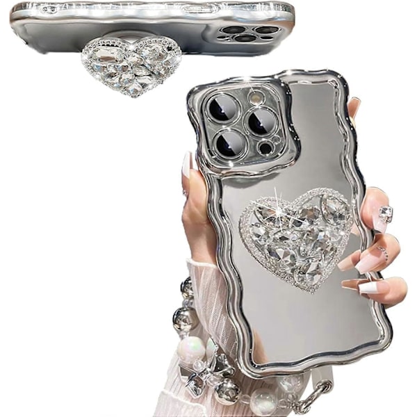 Sølv hjerte diamantbrakett passer til iPhone-deksel (til iPhone 13).