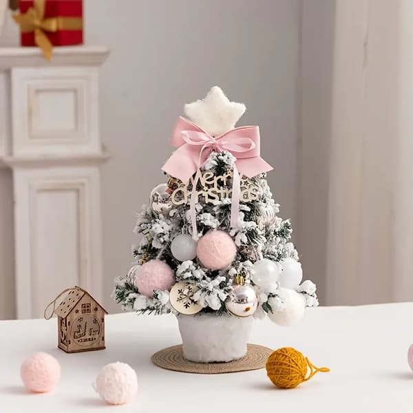 Bordsjulgran flockad rosa set julgransprydnader present julgransdekoration