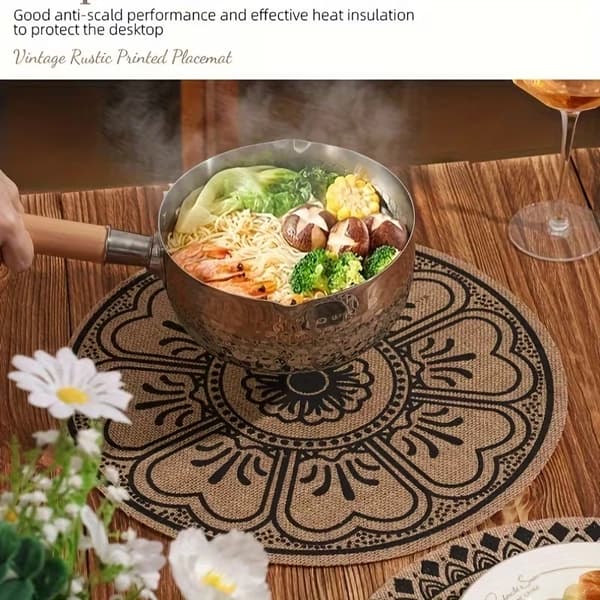 Runde trykte jute-brikker, bohemstil 6PC