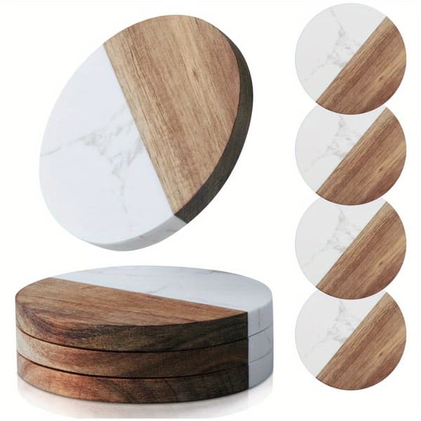 Kombinationscoaster af marmor og træ, 10 cm / 3,94 tommer 6 items
