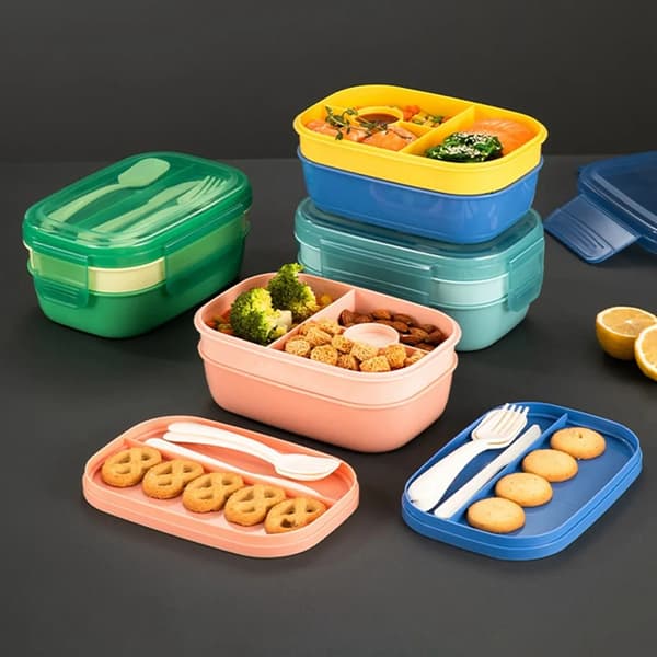 Grön 1900ml 3-Vånings Läcksäker Bento Lunchlåda med Bestick för Vuxna & Barn