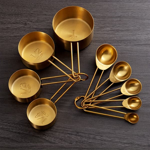 Mätkoppar och skedar i rostfritt stål, guld (9 delar) 1set
