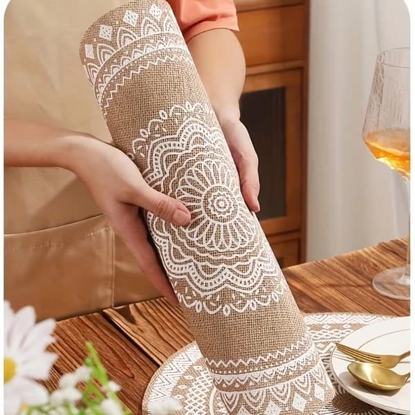 Runde trykte jute-brikker, bohemstil 6PC
