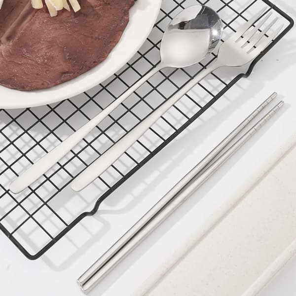 5-pack rostfritt stål bestickset, återanvändbara resebestick, förvaringslåda, gaffel, sked, stativ (silver)