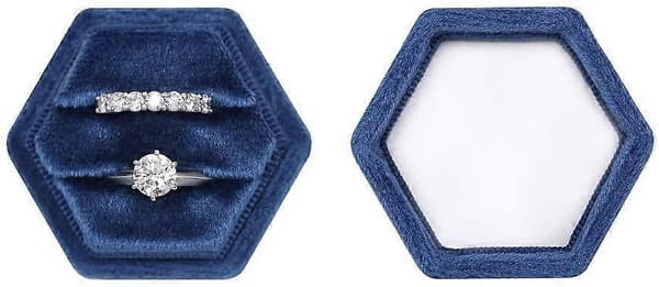 Hexagon Sammet Dubbla Fack Ring Arvegods Låda Förlovningsring Låda (Marinblå)