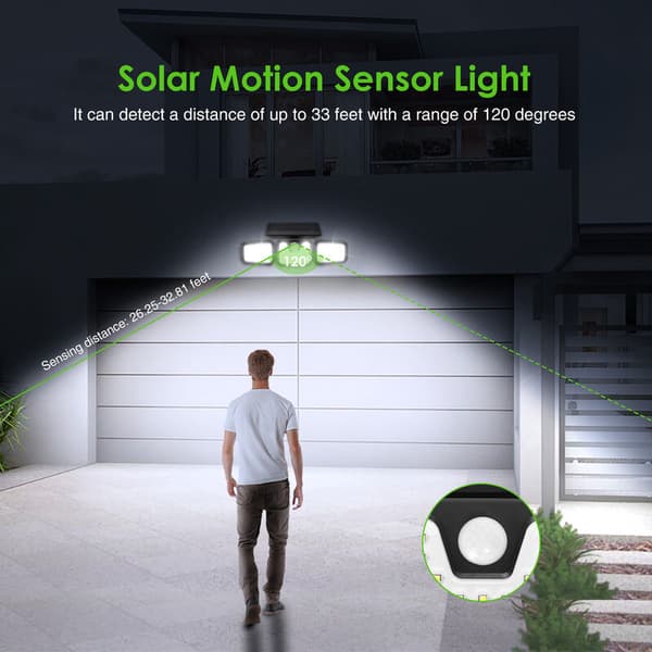 Solcelle utendørslys, 450lm, 74 LED, bevegelsessensor, utendørslys, IP67, solcelle flomlys, 3 hoder, solcelle sikkerhetslys