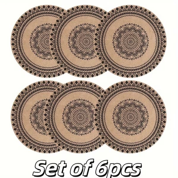 Runde trykte jute-brikker, bohemstil 6PC
