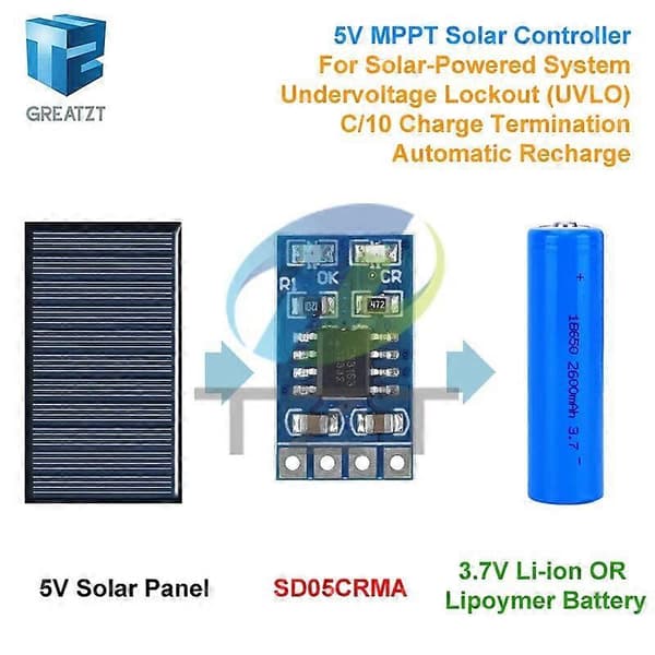 MPPT Solcelleladekontroller 1A 4.2V 3.7V 18650 LiPo Li-ion Litium Batteriladermodul SD05CRMA Solcellepanel Batterilading