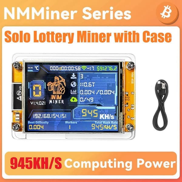 NMMiner NerdMiner+Fodral 945KH/S Hashrate 2.8 Tum Smart Display Bitcoin Crypto Solo Lotteri Miner Upp