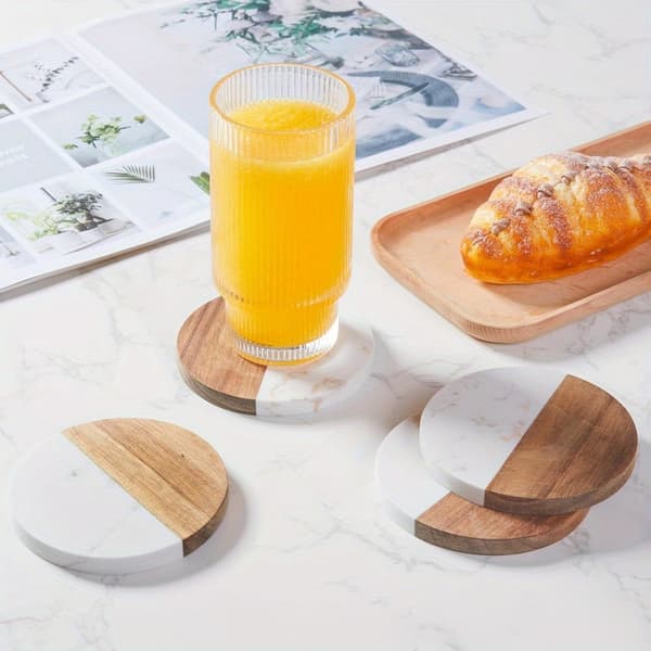Kombinationscoaster af marmor og træ, 10 cm / 3,94 tommer 6 items