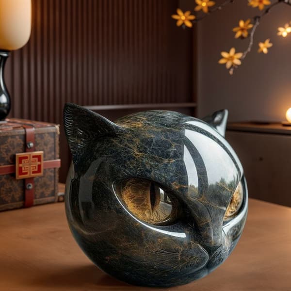 Luksuriøs sort kat sten skulptur, udsmykket sort kat skulptur, sort obsidian killing statue. yellow
