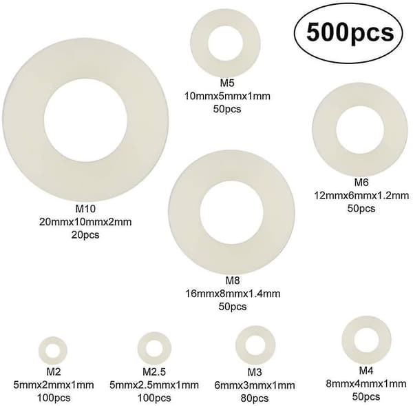 500 stycken plastbrickor nylon platta brickor M2 / M2.5 / M3 / M4 / M5