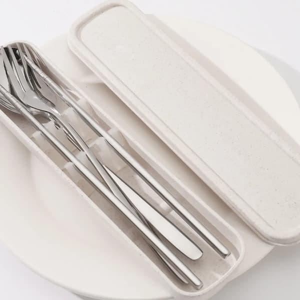5-pack rostfritt stål bestickset, återanvändbara resebestick, förvaringslåda, gaffel, sked, stativ (silver)