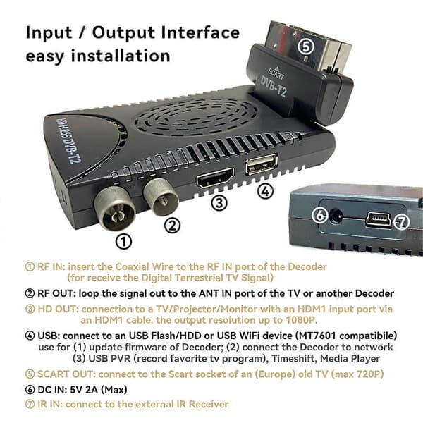 DVB-T2 Full HD Digital Terrestrisk TV-dekoder med 265/HEVC-dekoding EPG Set Top Box EU-plugg