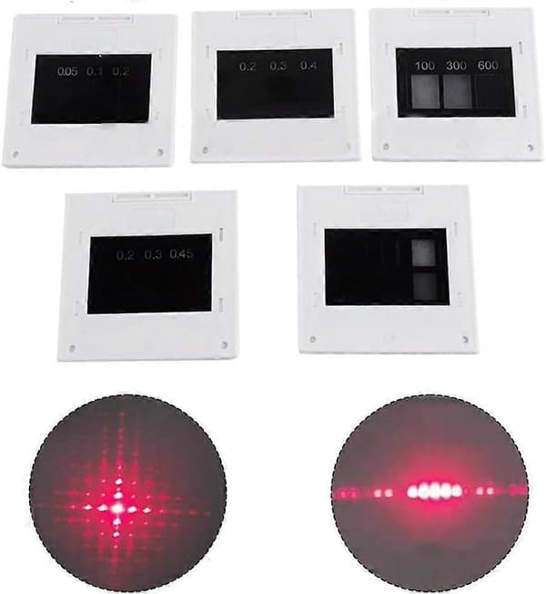 5-delt sæt af interferensdiffraktionsgitre, enkelt og dobbelt, trekolonne, rundt mellemrum til optiske eksperimenter (50 x 50 mm)