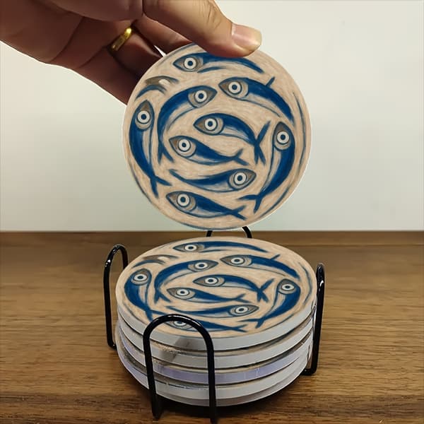 6-delt keramisk blått fisk-formet coastersett 6 items