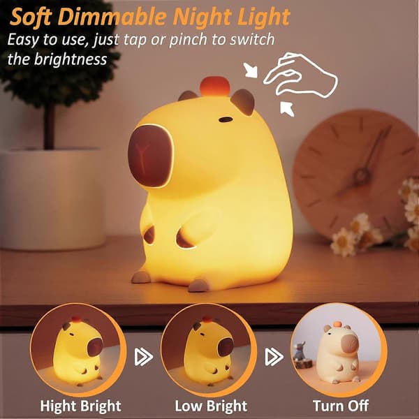 Capybara Nattlampe for Barn, Dimbar Oppladbar Silikonlampe med Timer