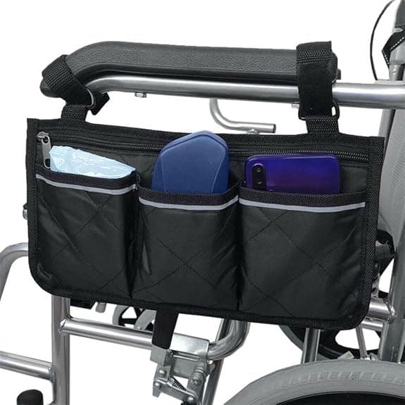 Kørestolssidetaske, Universal Armlænstaske, Holdbar Bærbar Multi-lomme Organizer med Reflekterende Striber (Sort)