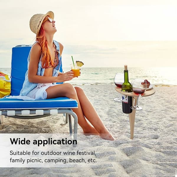Strand træ vinbord, foldbart picnicbord med vinflaskeholder til udendørs brug (mini foldbart bord)