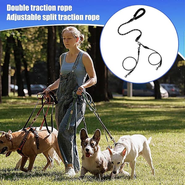 Dobbelt Hundesnor, Bungee Split Reb, Robust Stødabsorberende Rem til Gåture Sort L