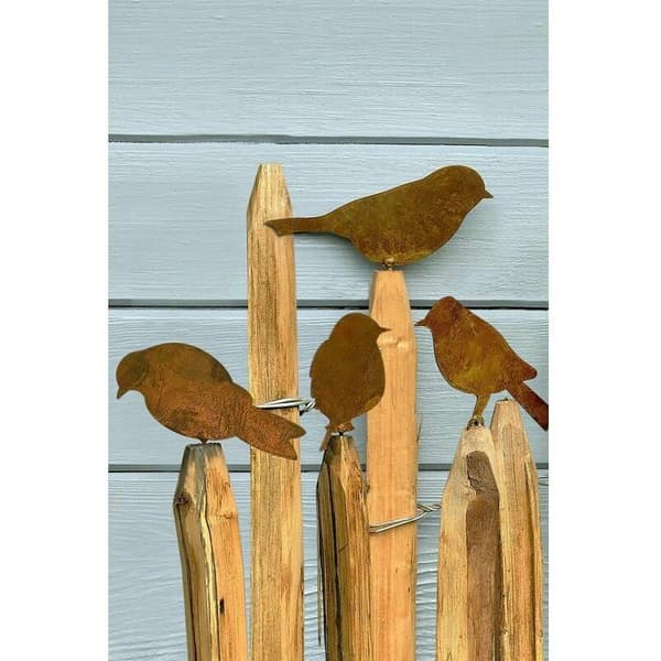 Fugle til træ - Metal havepynt - Naturlig rustpatina (4 stk)