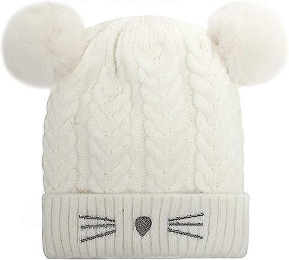 Stickad Katt-Vinterbollmössa för Småbarn, Beanie, Broderad, Varm, Bomullsull, Barnmössa