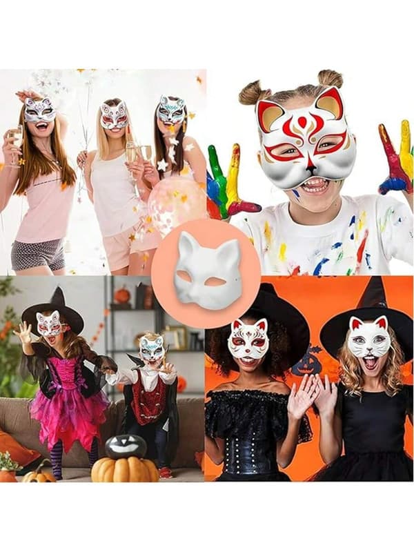 12 stk. DIY Katte Masker, Hvide Papirmasker til Håndmaling, Karneval & Halloween