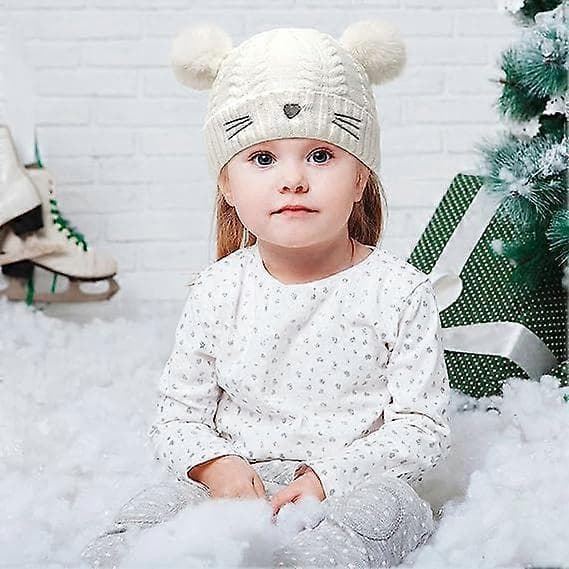 Stickad Katt-Vinterbollmössa för Småbarn, Beanie, Broderad, Varm, Bomullsull, Barnmössa