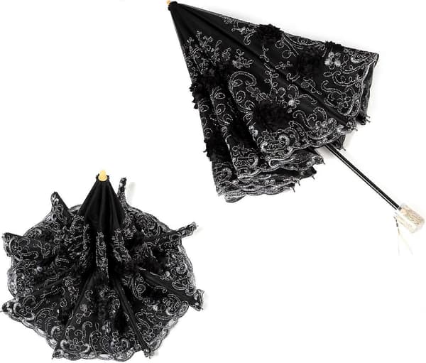 Broderad spets dubbeldäck Anti-UV Parasoll Sol/Regn/Snö Hopfällbart paraply color:Black