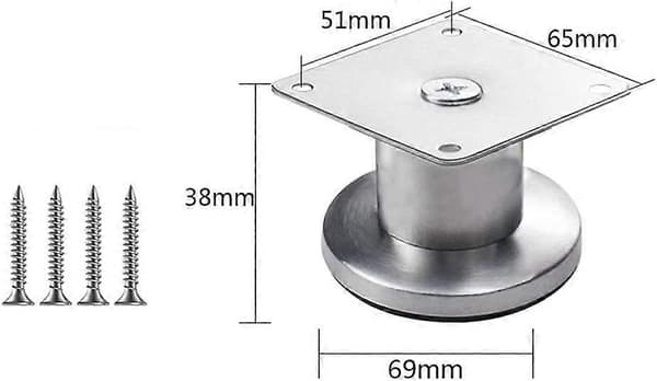 4 Justerbare møbelben i rustfritt stål, børstet metall, tykt materiale, sølv (3,8 cm)