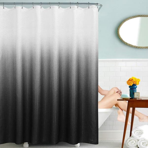 Svart duschdraperi, polyester ombre bad duschdraperier för badrum, texturerat tyg vattentätt duschdraperi foder med 12 krokar, maskintvättbar