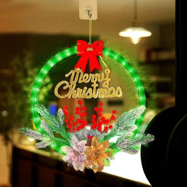 Lysende julekrans til dør, julekransdekorasjon med nattlys og LED-stemningslys