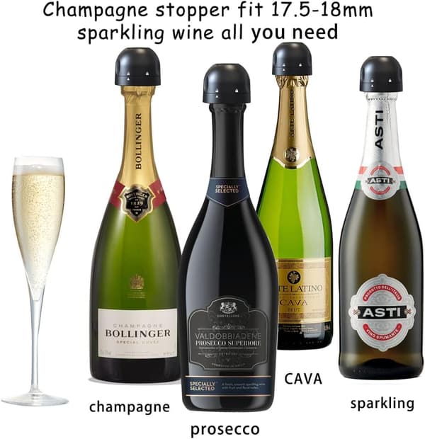Champagnestopper, 3-pack, Svart, Läcksäker champagnestopper, Professionell champagneflaskpropp, Håller champagnen fräsch