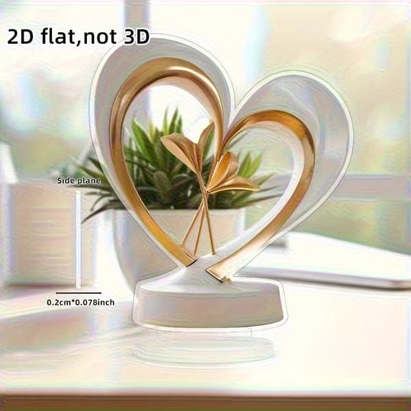 2D flat akryl ornament, elegant hjerteformet design med gullaksenter. 1pc