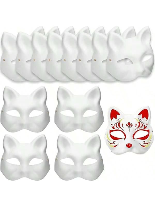 12 stk. DIY Katte Masker, Hvide Papirmasker til Håndmaling, Karneval & Halloween