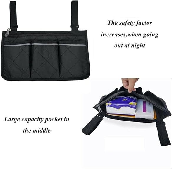 Kørestolssidetaske, Universal Armlænstaske, Holdbar Bærbar Multi-lomme Organizer med Reflekterende Striber (Sort)