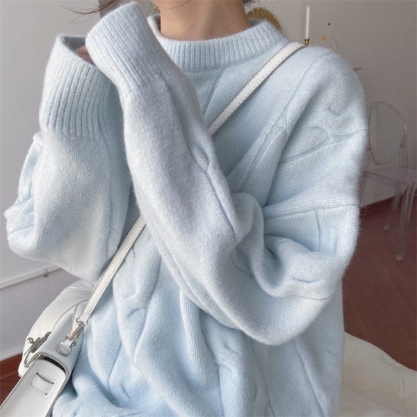 Kvinnor Stickat Höst Vinter Tröja Mohair Lös Ytterkläder Mori Style Tjock Twist Pullover Blue 65*107*43cm