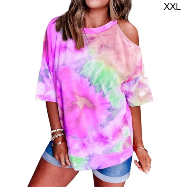 Dame T-shirt Tie-dye printet løs top kold skulder bluse Purple XXL